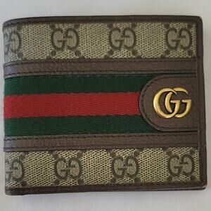 GUCCI Wallet Men Bi-Fold Ophidia GG Supreme GG Canvas Beige with Brown Leather